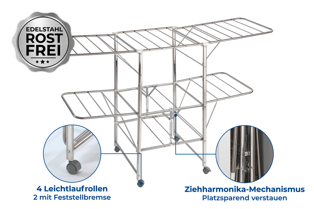 Séchoir à linge, étendoir à linge, intérieur et extérieur, à roulettes,  Mobil en acier inox  