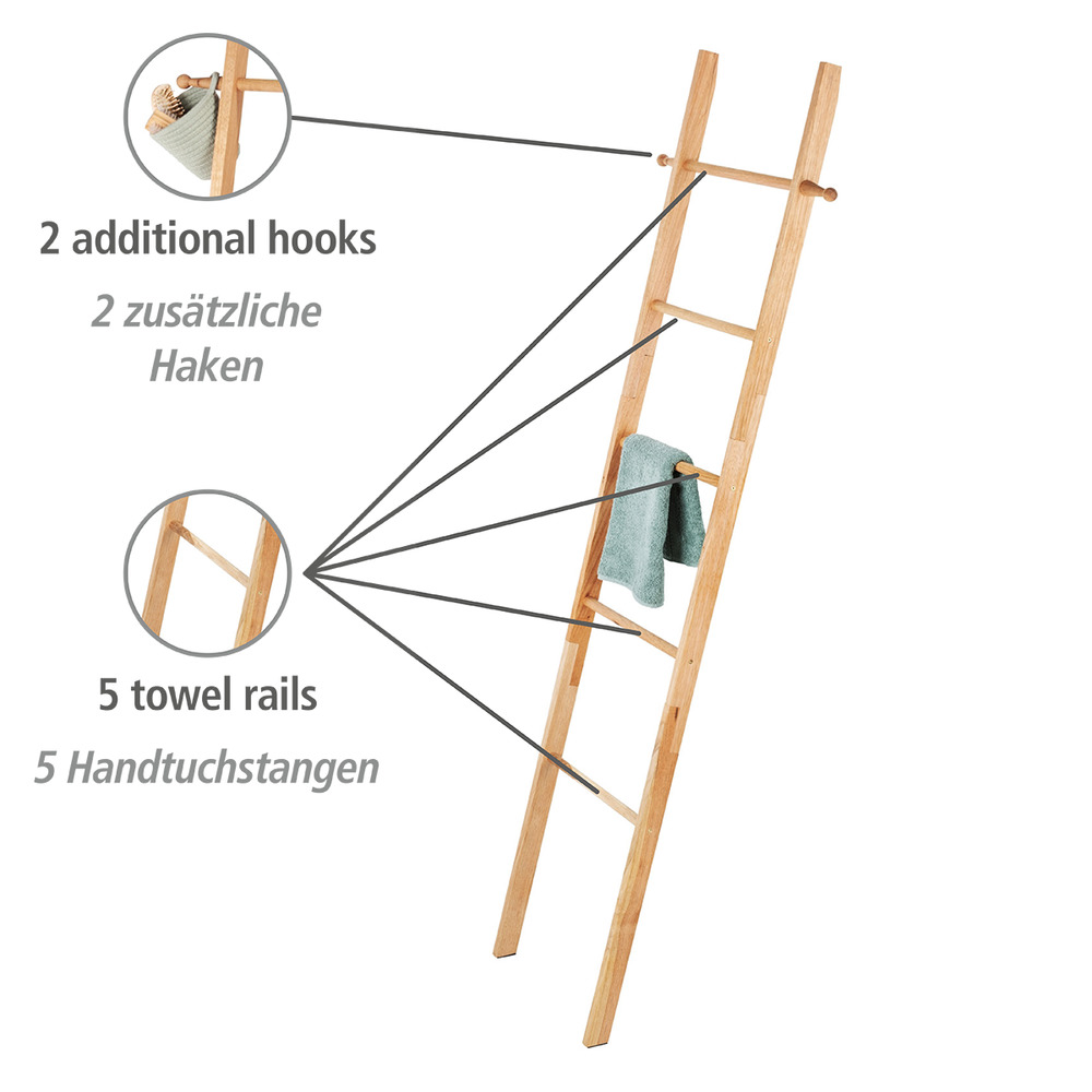 Echelle Porte Serviette, Bois Noyer, 5 portants et deux crochets de suspension, Norway, 43x170x4 cm  massif, porte-serviettes
