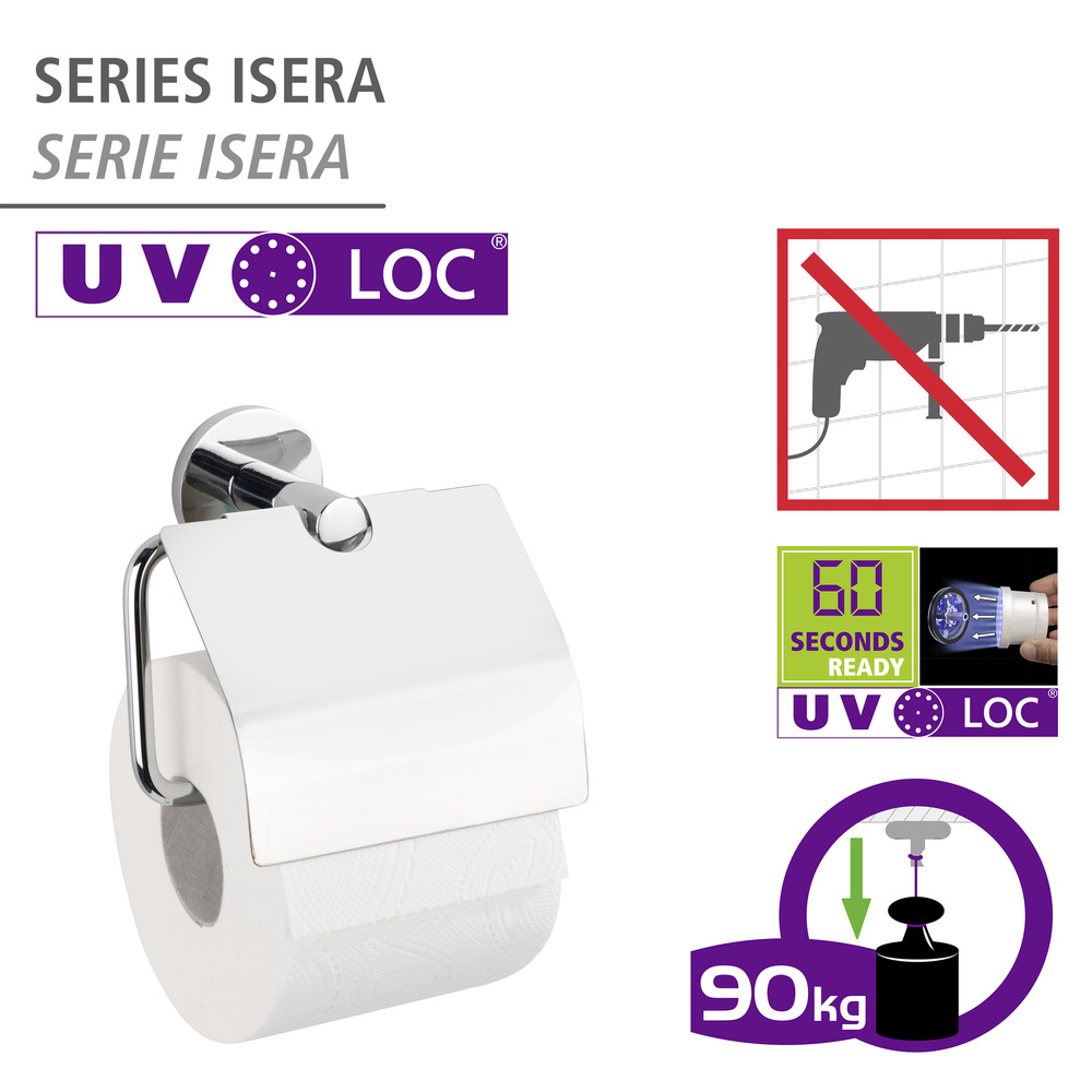 UV-Loc® Porte papier toilette avec abattant Isera  Fixation sans percer grâce à un système adhésif innovant