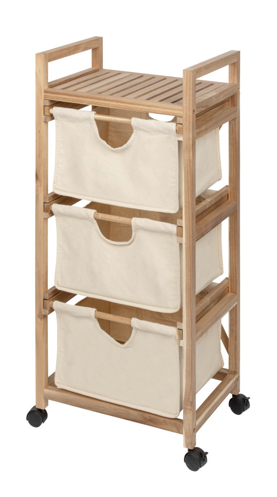 Etagère à roulettes 3 niveaux, avec panier tiroir souple, bois FSC, Acina, 43,5x96x33,5 cm  Etagere sur roulette avec 3 paniers de rangement4 roulettes, 2 freins