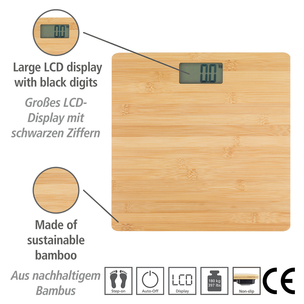 Balance en bois, pèse personne bois, LCD, 30x30 cm, Bambou  Affichage digital, jusqu'à 180 kg