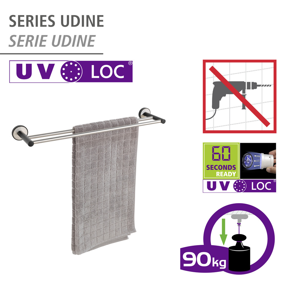 Barres porte-serviette UV-Loc® Duo Udine  Fixation sans percer grâce à un système adhésif innovant