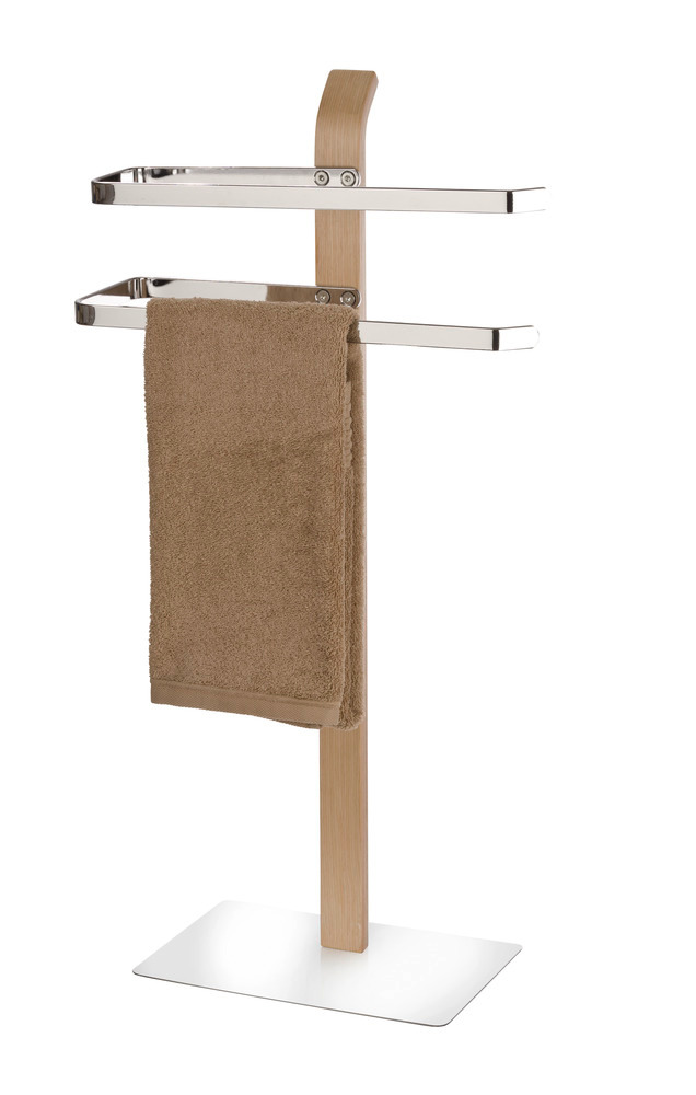 Porte serviette salle de bain sur pied Samona Nature, chromé - bois,  40,5x79,5x21,5 cm  piétement en bois stratifié