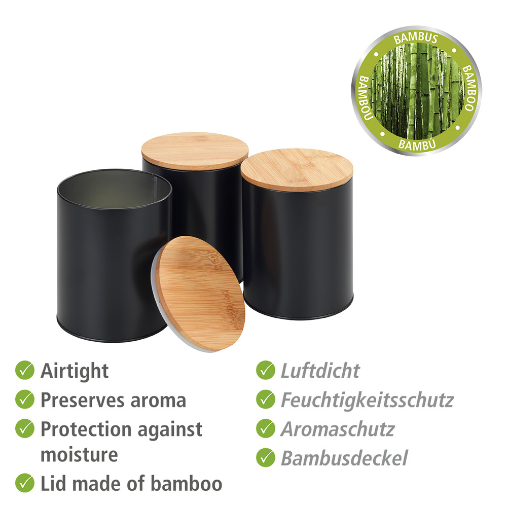 Lot de 4 rangements cuisine, boîte à pain avec planche à découper et 3 boites de conservation avec couvercle en bambou, noir, 32x21x5 cm  Noir, avec couvercle en bambou