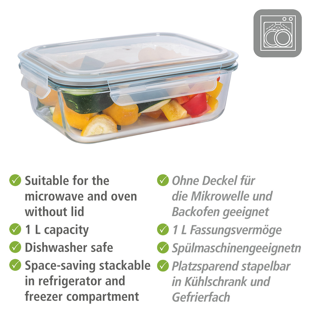 Boîte de rangement cuisine en verre Pacu 1,0 litres  idéal pour la préparation, la conservation et la congélation d'aliments