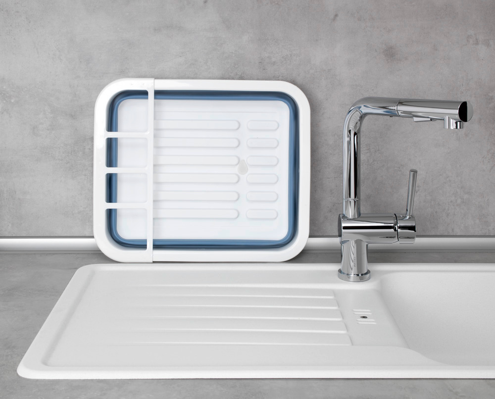 Égouttoir à vaisselle Gaia pliable blanc/bleu  avec porte-couverts et support d'assiettes