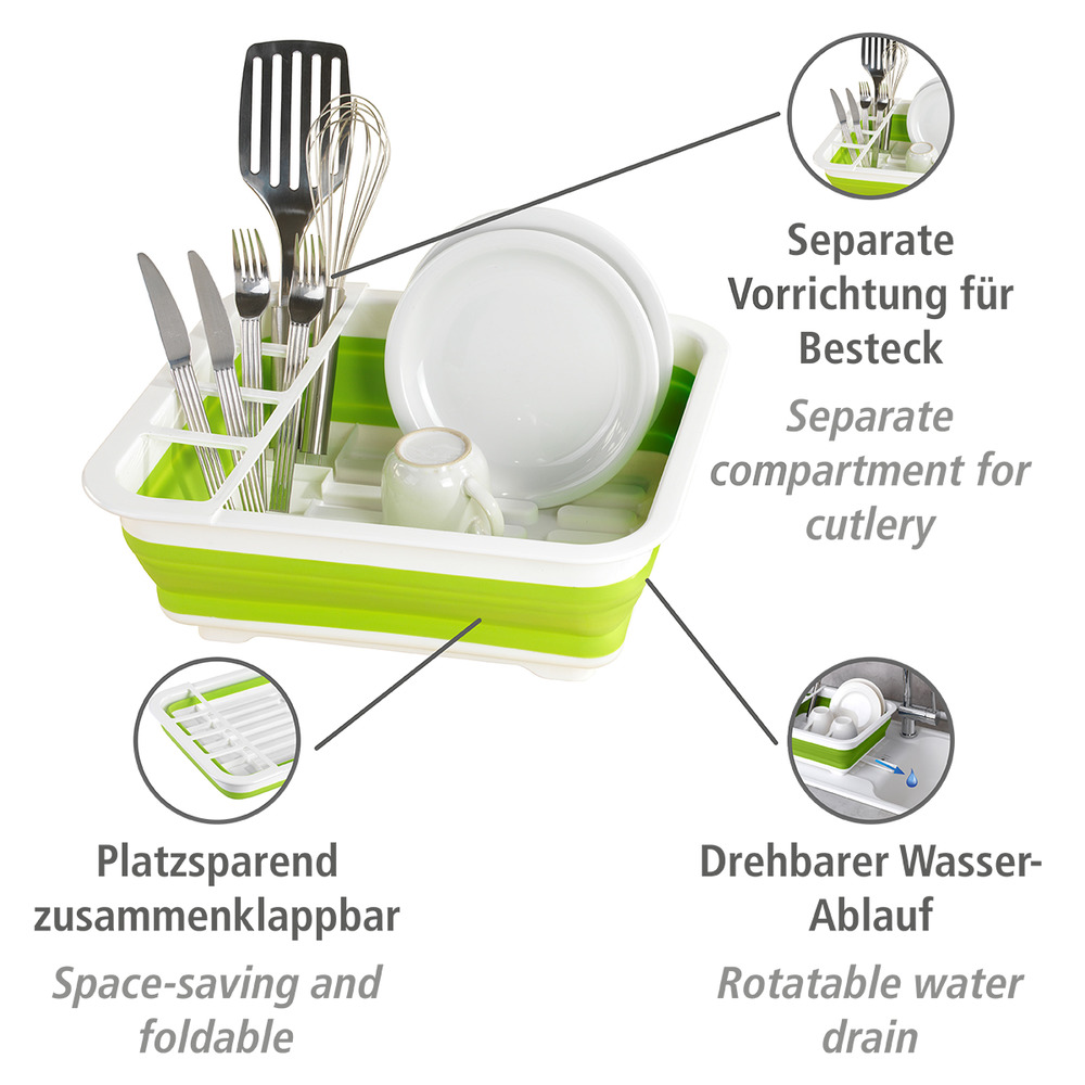 Égouttoir à vaisselle pliable blanc/vert  avec porte-couverts et support d'assiettes