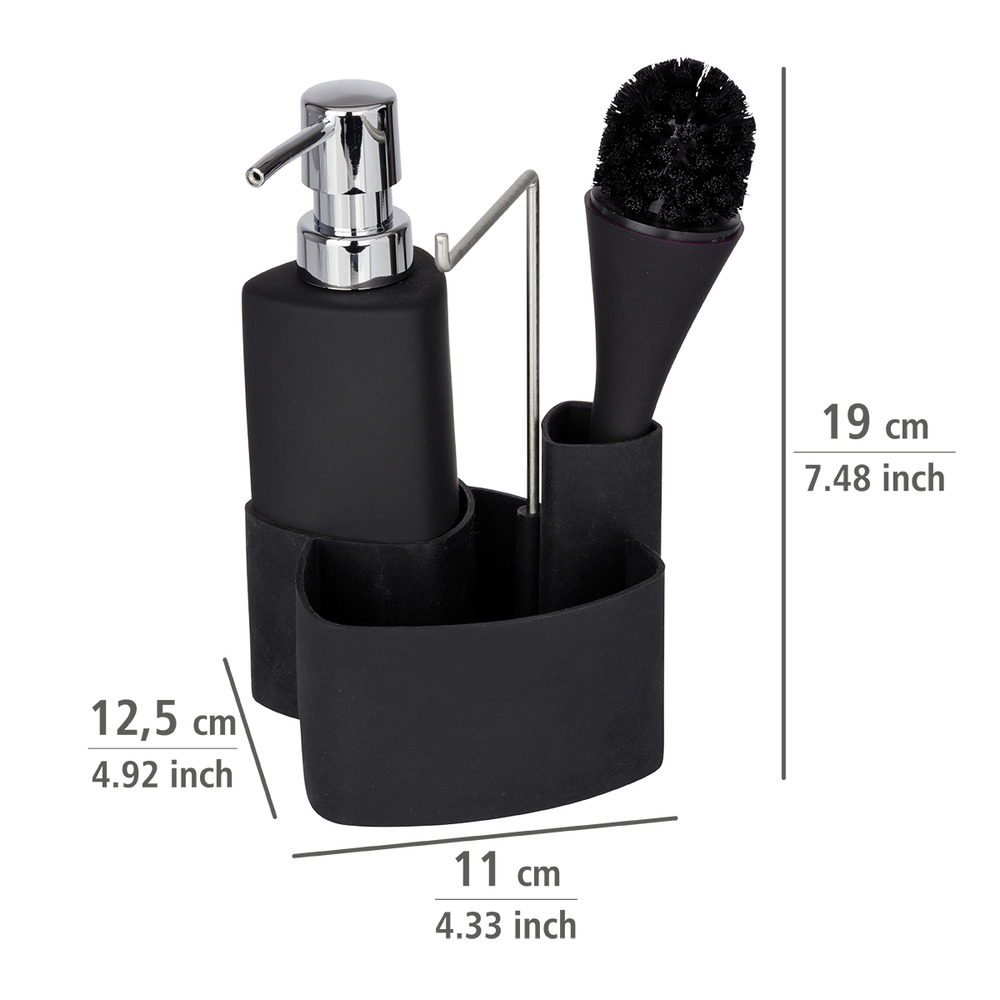 Organiseur pour évier, distributeur liquide vaisselle, porte éponge, goupillon, Empire noir  avec brosse de lavage