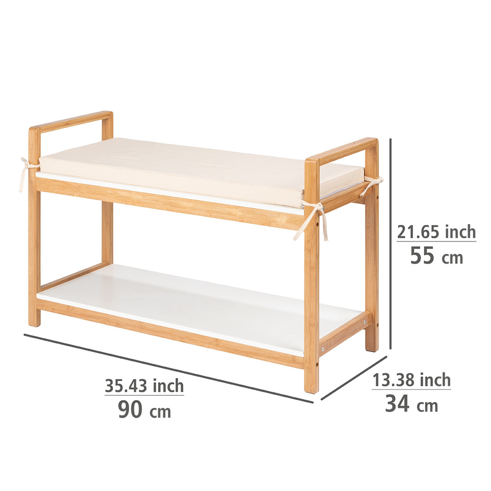 Banc d'entrée avec rangement chaussure et plateforme avec coussin, Bois, Finja, 90x55x34 cm  en bambou/MDF