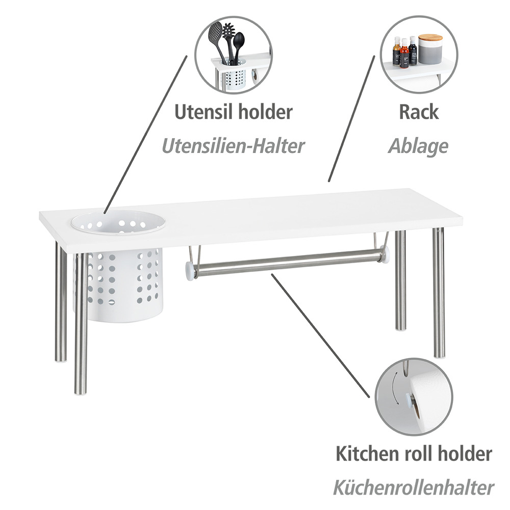 Organiseur cuisine, étagère évier cuisine avec dérouleur sopalin et porte ustensile  avec porte couvert, tablette de rangement et porte essuie tout