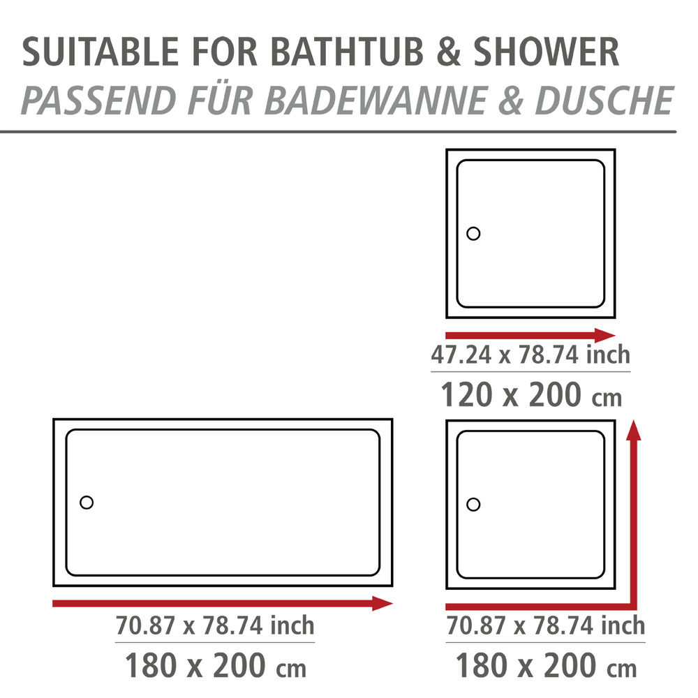 Rideau de douche, waterproof, plastique recyclé et recyclable, rideau de douche transparent 180x200 cm, Salda  Matière PEVA, 180 x 200 cm