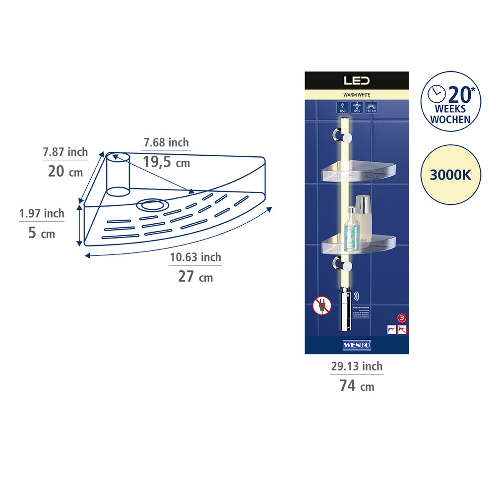 Etagère d'angle salle de bain LED, 2 paniers de rangement, solution sans perçage, innovation "Power Loc Plus", 74 cm  avec 2 étagères