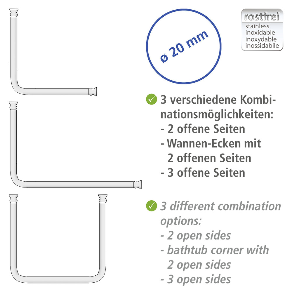 Barre de douche angle, tringle de rideau de douche, universel chromé, aluminium inox, Ø 2 cm  aluminium, Ø 2 cm,adaptable en forme et en longueur