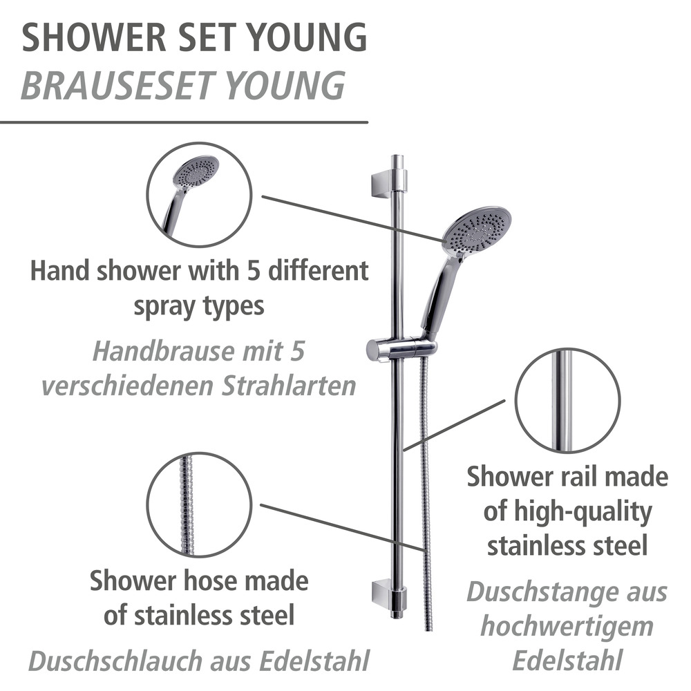 Set de douche inox Young 66cm, chromé  Longueur barre : 66 cm