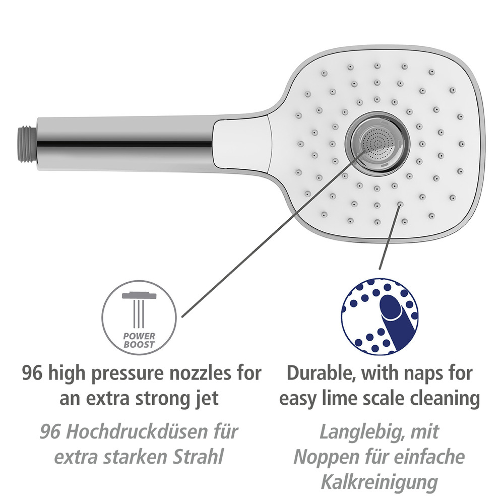 Pommeau de douche 3 jets, ø12 cm, carré, finition chromée et blanc, embout universel 1/2", powerboost  ø12 cm