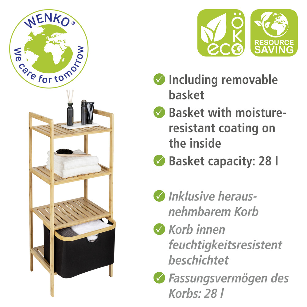 Étagère Ecori, 3 tablettes avec panier amovible  Bambou certifié FSC®, polyester recyclé