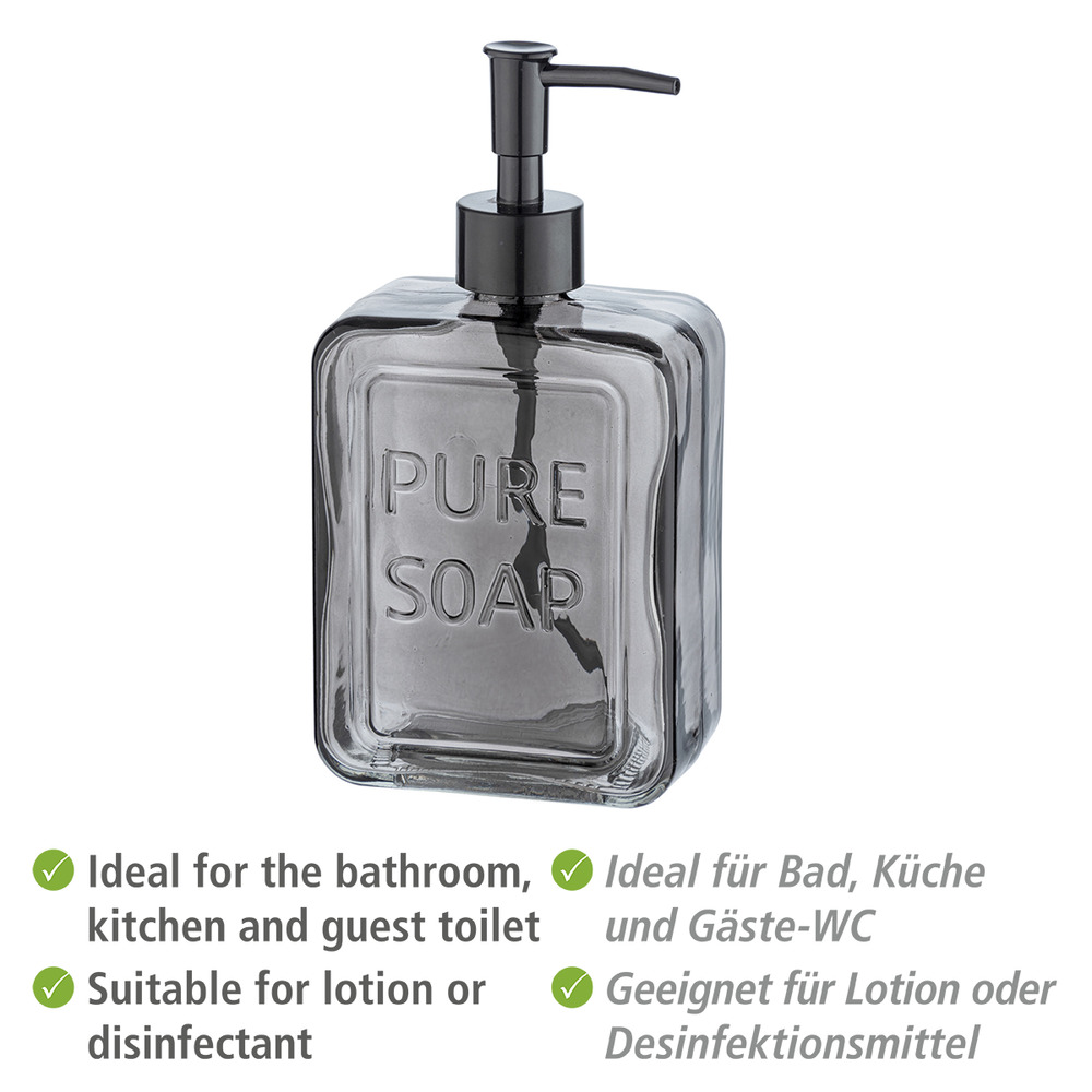 Distributeur de savon liquide, "Pure Soap", verre, Gris  Distributeur savon liquide en verre