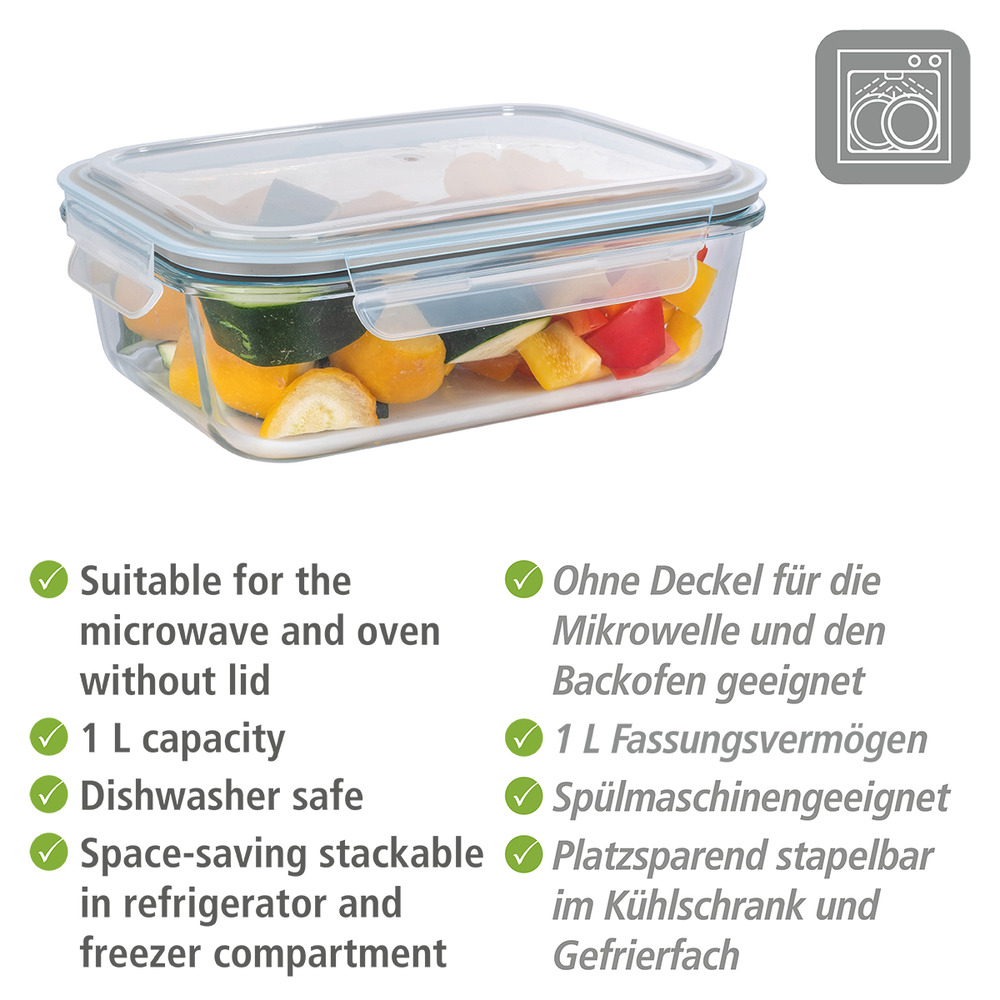 Boîte de rangement cuisine en verre Pacu 1,0 litres  idéal pour la préparation, la conservation et la congélation d'aliments