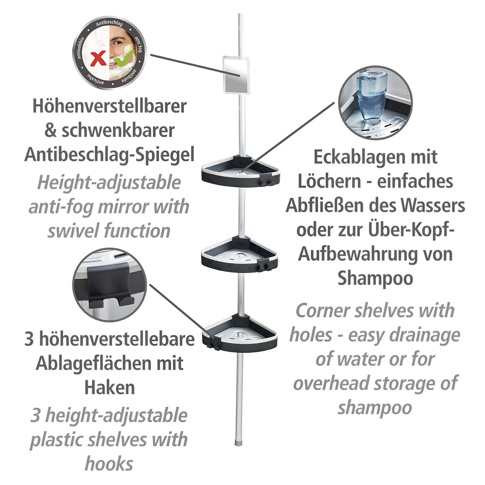 Étagère de douche télescopique Wave  avec 3 étagères et miroir