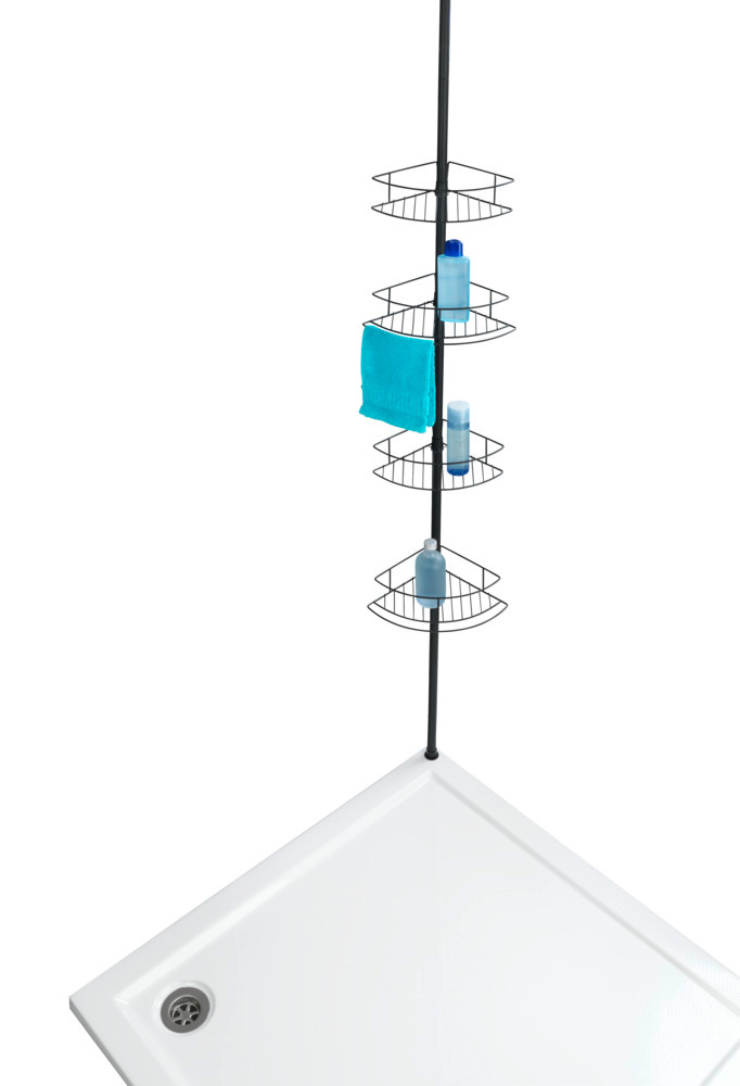 Etagère de salle de bain téléscopique, solution sans perçage, Dolcedo, Acier Noir  Etagere douche téléscopique d'angle