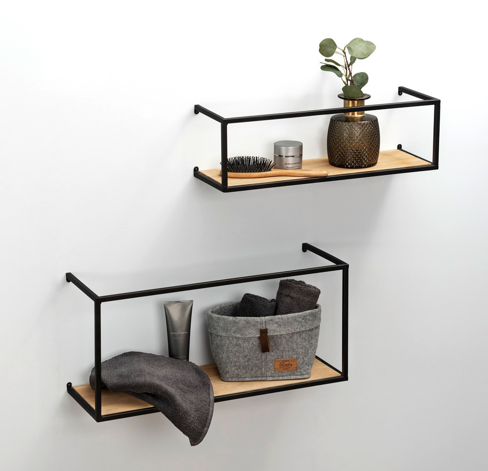 Etagère murale bois et acier noir, étagère murale industrielle, Lot de 2, 55x25x20 cm et 55x16x15 cm  2 étagères murales de différentes tailles