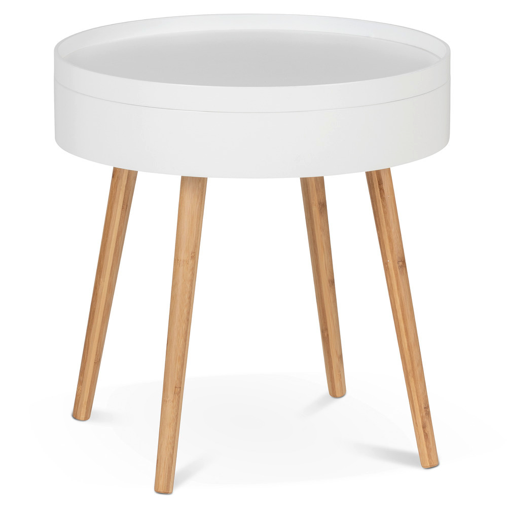 Table d'appoint ronde avec rangement Finja, bout de canapé rond avec tiroir, pied bambou style scandinave,   Table dappoint scandinave avec rangement,Table de nuit dans une chambre, bout de canapé