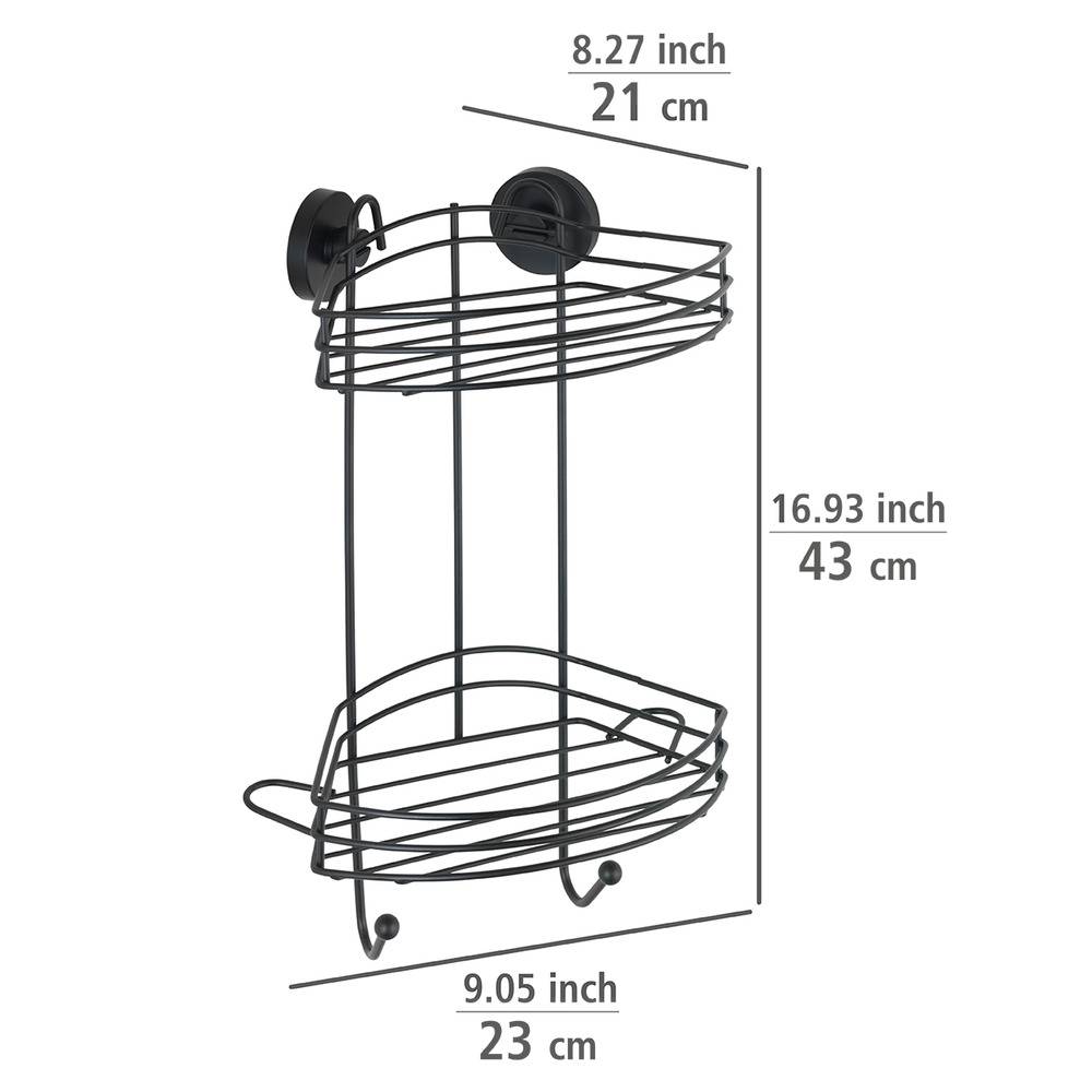 Etagère angle salle de bain murale, 2 paniers de rangement, solution sans perçage, innovation "Vacuum Loc Plus", Pavia, Noir  Système "Vacuum Loc", fixer sans perçer