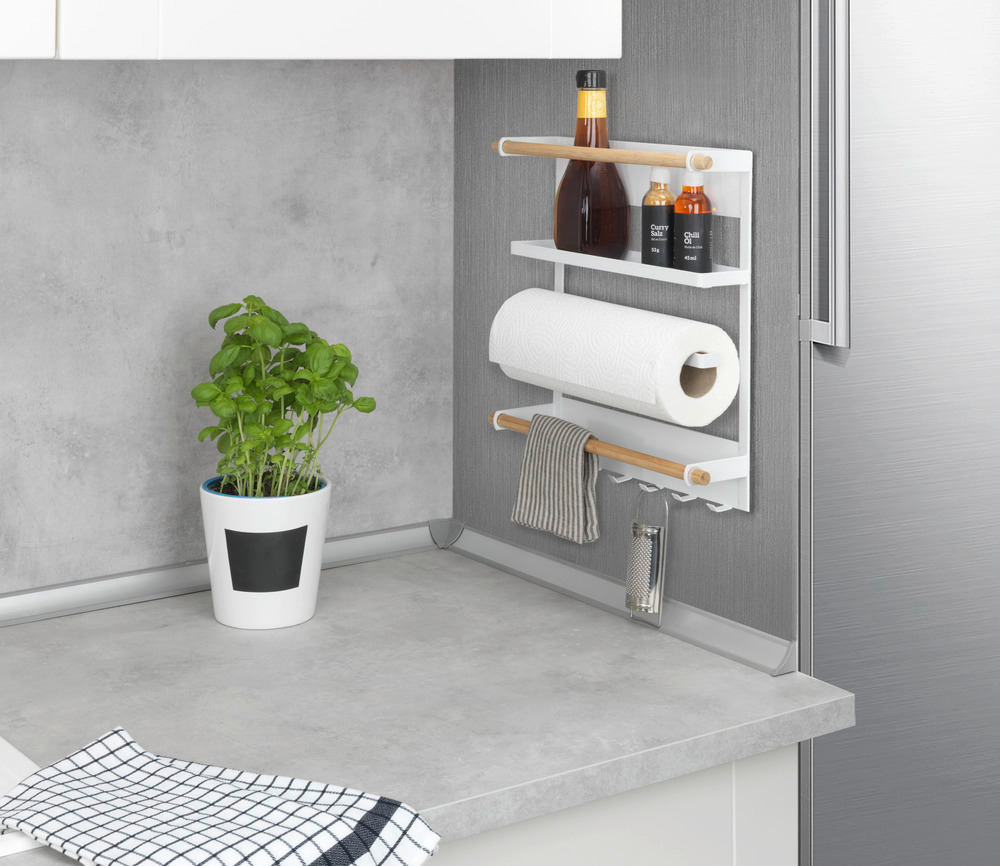 Etagère magnétique frigo, réfrégirateur, avec étagère porte épice, dérouleur sopalin magnétique et crochets suspension ustensiles de cuisine, Magna, blanc  Fixation magnétique sans perçage