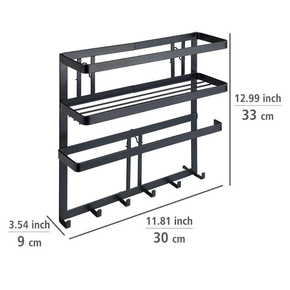 Etagère Cuisine multifonction Gala, Etagère métal noir avec distributeur sopalin mural et crochets suspension ustensiles de cuisine  avec porte-rouleau de cuisine & tringle, 6 crochets inclus