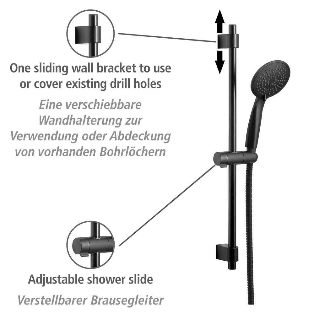 Set de douche inox Young 66cm, noir  Longueur barre : 66 cm