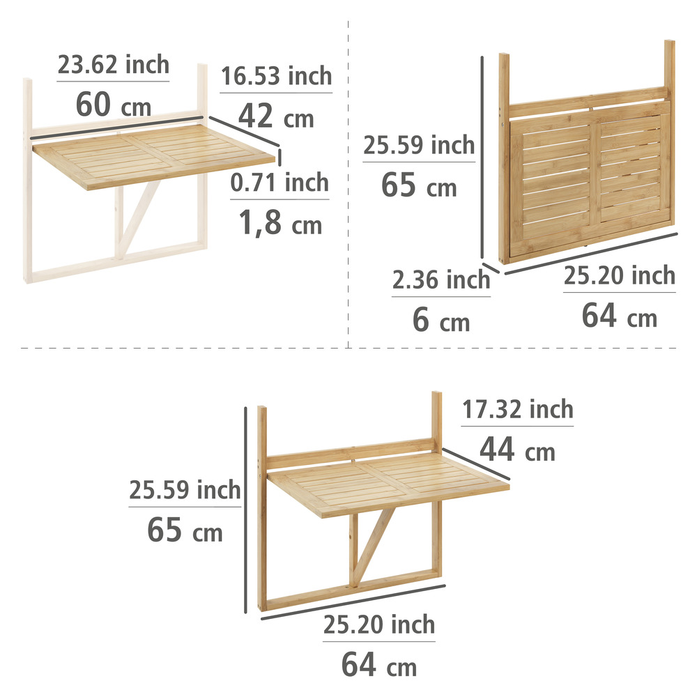 Table pliante en bambou pour balcon Waikiki  A accrocher à la balustrade du balcon