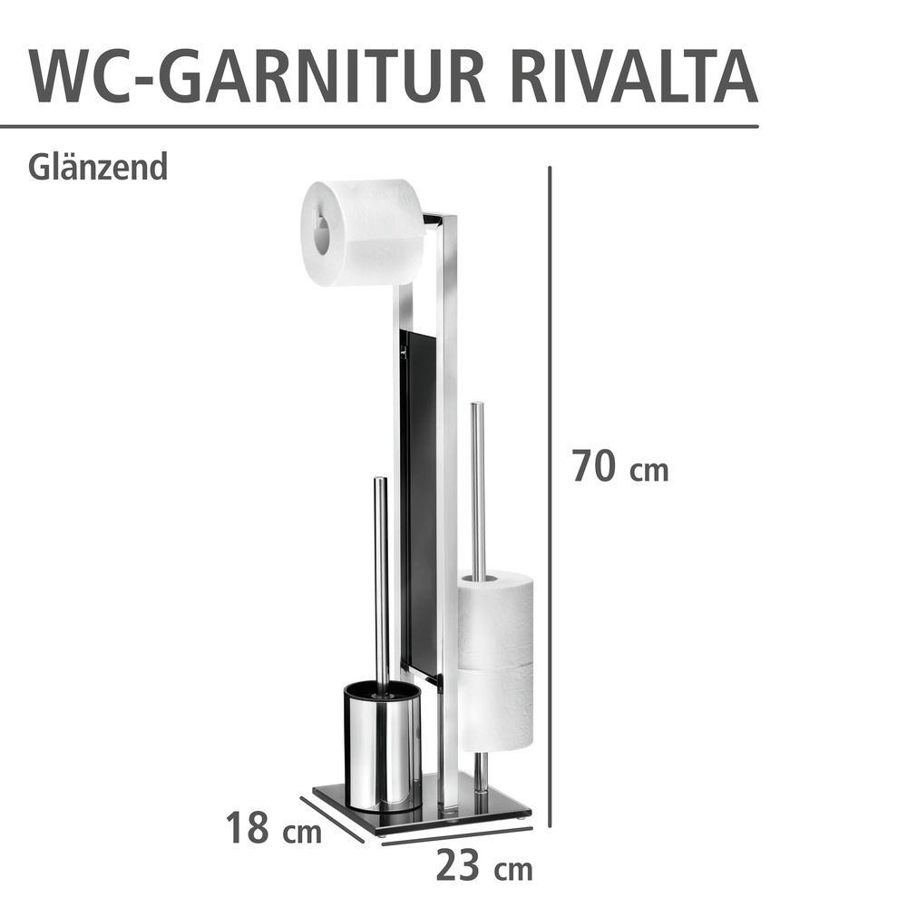 Serviteur WC Rivalta, Brosse WC et Dérouleur Papier Toilette, Acier Inox brillant et verre trempé noir, 18x70x23 cm  support de papier toilette intégré