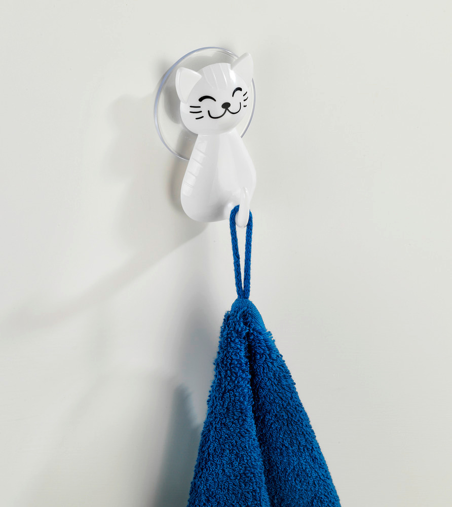 Crochet à ventouse Chat blanc  en plastique