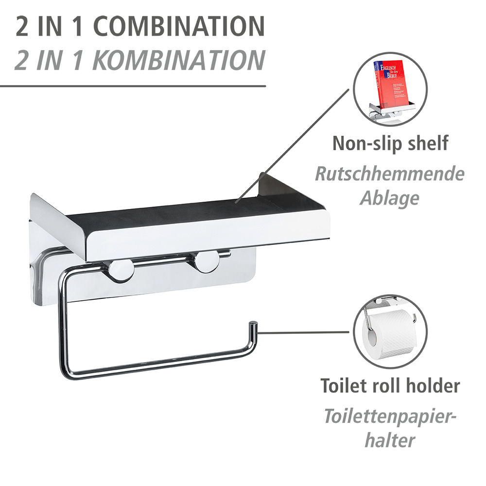 Dérouleur de papier hygiénique avec grande tablette de rangement  acier inox