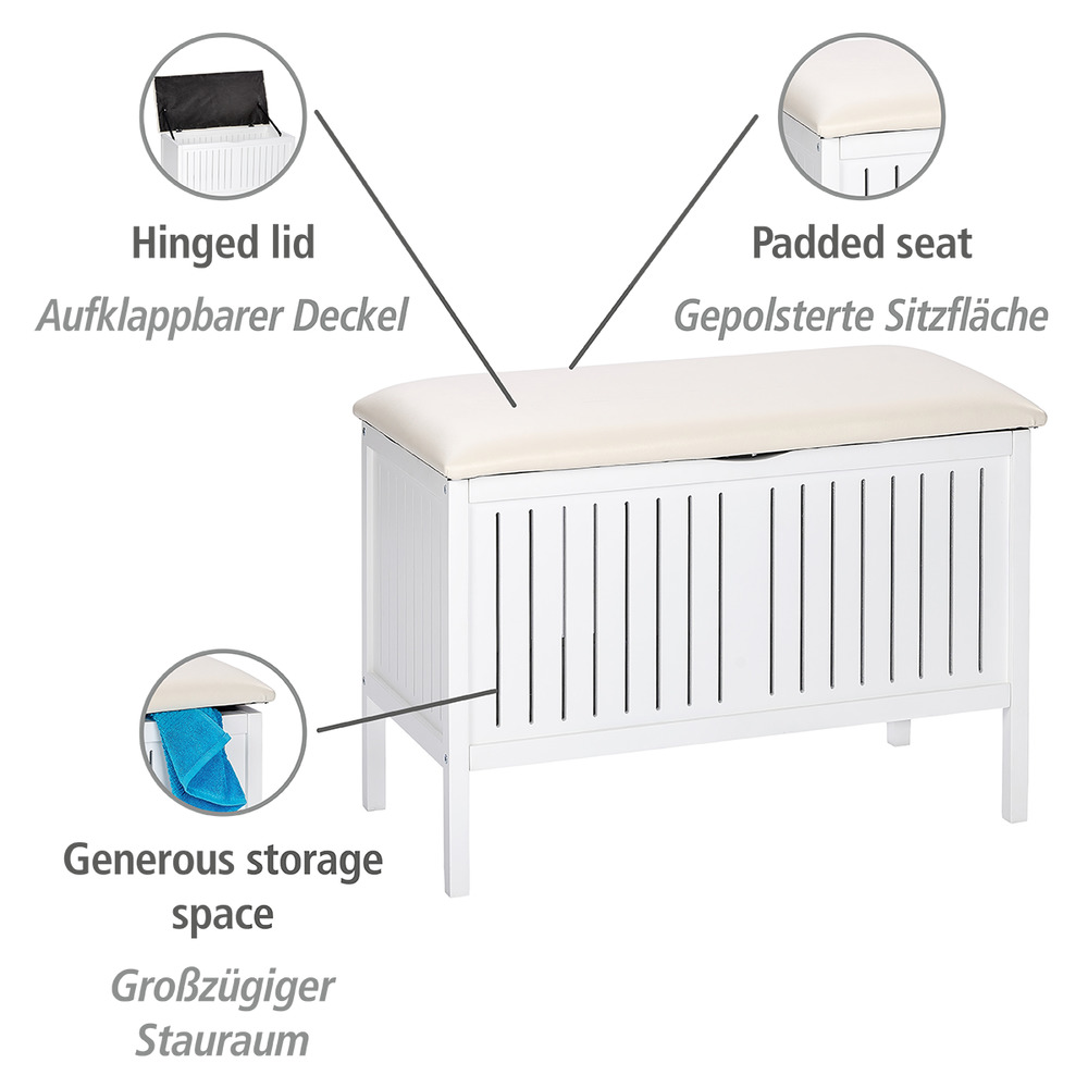 Banc salle de bain Oslo, banc panier à linge bois, blanc laqué, 78 x 55 x 39 cm  tabouret de salle de bain, bois véritable massif