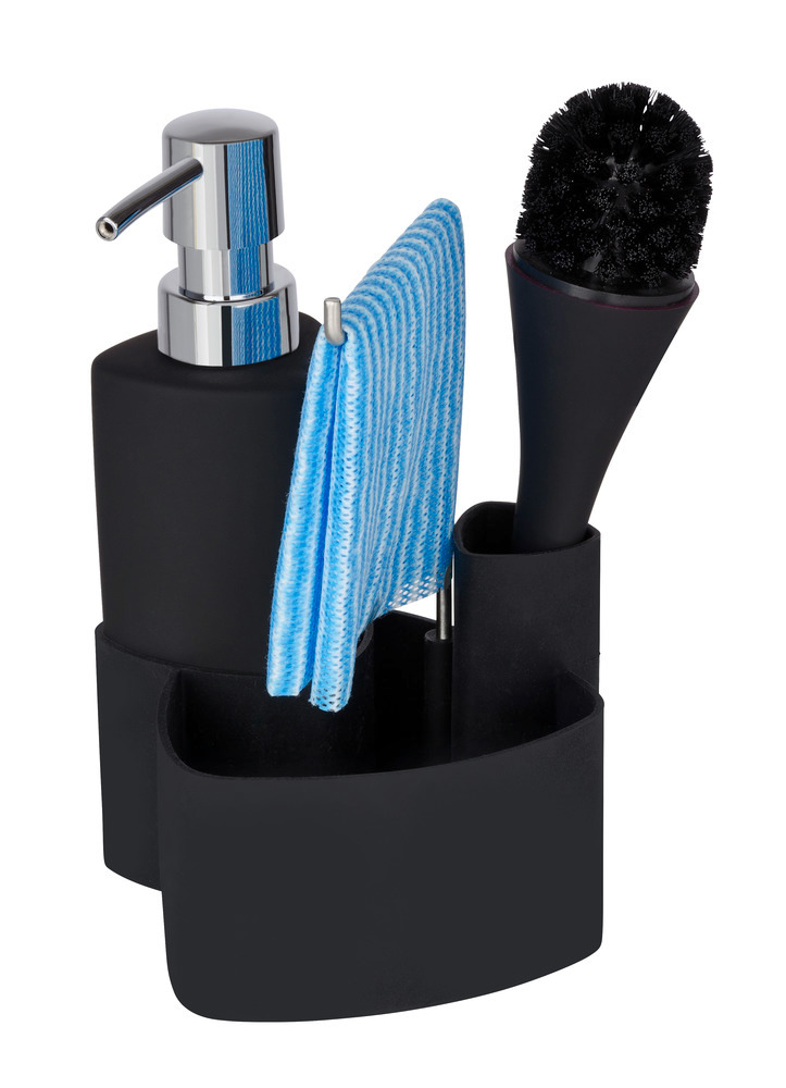 Organiseur pour évier, distributeur liquide vaisselle, porte éponge, goupillon, Empire noir  avec brosse de lavage