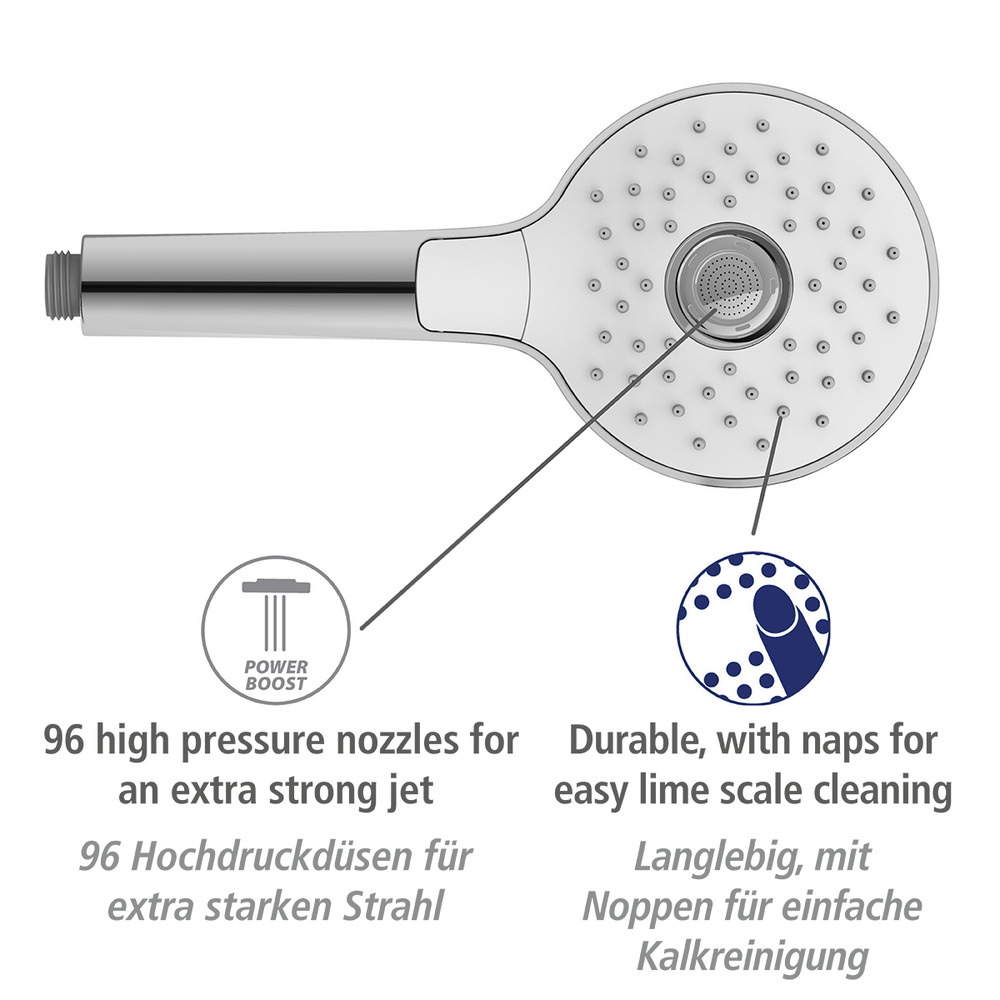 Pommeau de douche 3 jets, ø12 cm, finition chromée et blanc, embout universel 1/2", powerboost  ø12 cm