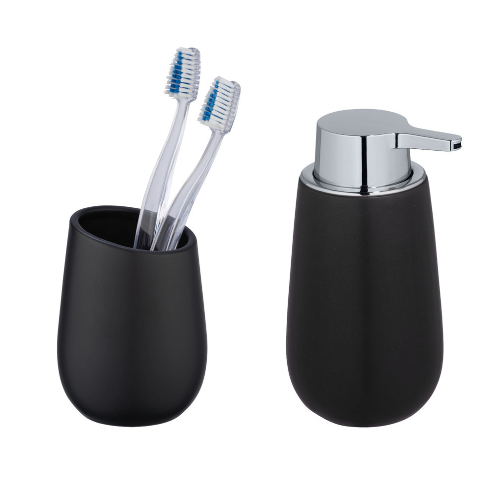 Ensemble de lavabo mod. Badi Noir, 2 pcs.  1 gobelet pour brosse à dents, 1 distributeur de savon