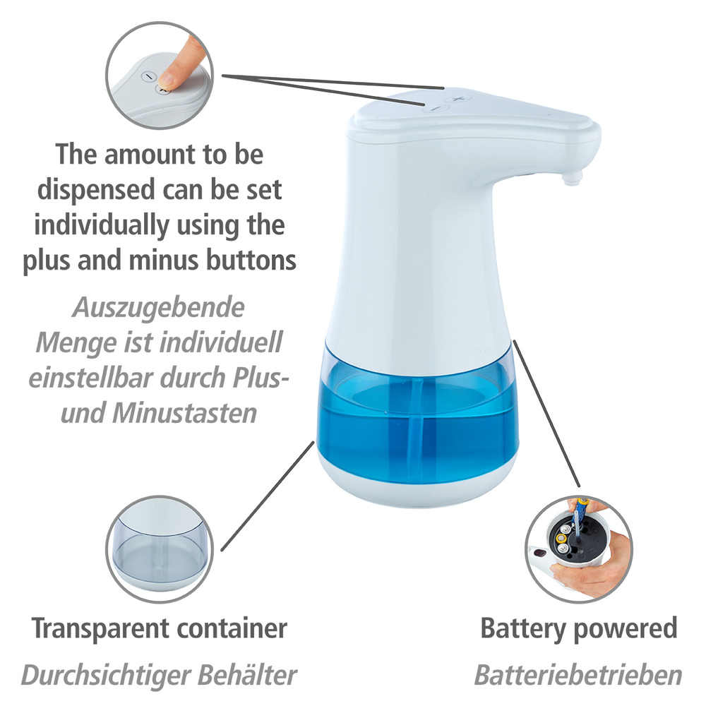 Distributeur savon liquide, distibuteur gel hydroalcoolique, sans contact, Diala  pour env. 360 ml