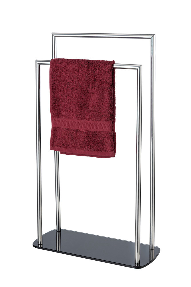 Porte serviette sur pied Ravina inox brillant, porte serviette salle de bain avec socle en verre, 48x80x20cm  