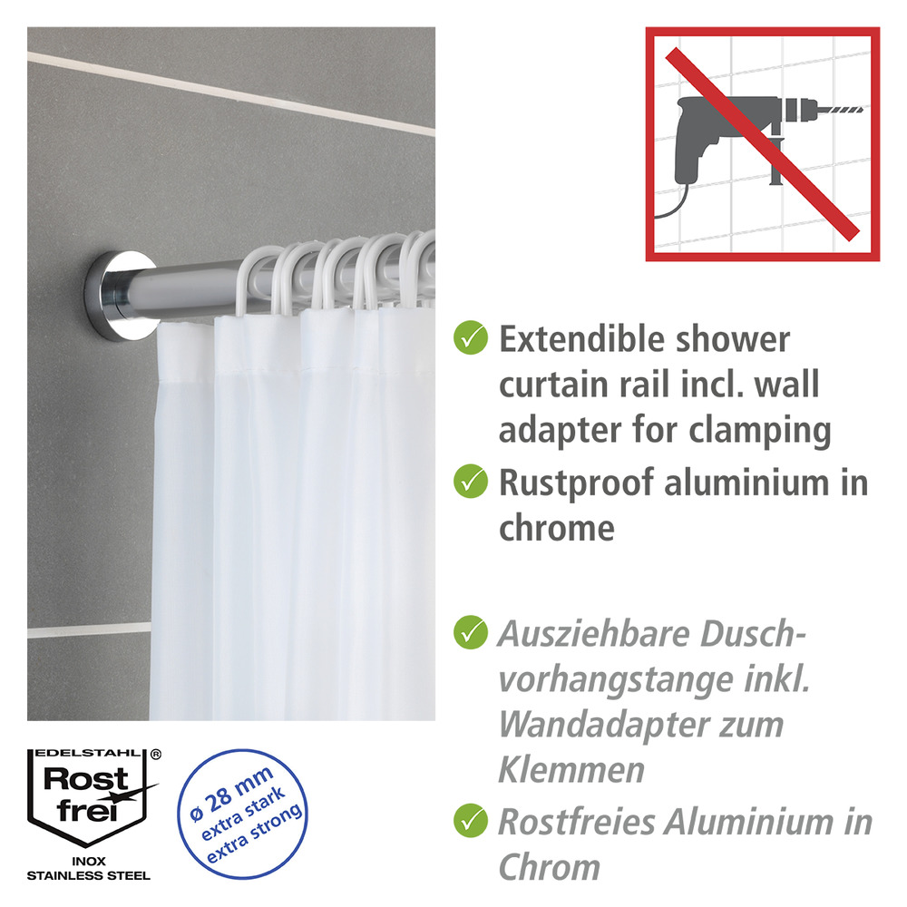 Barre de douche extensible, tringle rideau de douche 100% inox chromé, 110-185 cm  Tringle de douche extensible en aluminium inoxydable