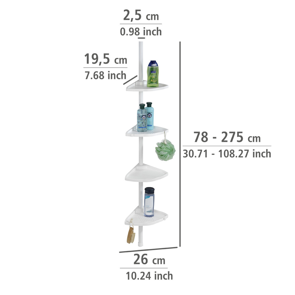 Étagère de douche télescopique Compact, paniers de douche plastique, aluminium blanc, 26x78-275x19,5 cm  4 tablettes et 4 crochets