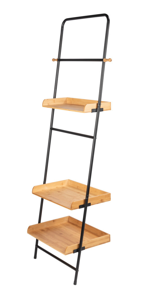 Etagère à poser contre un mur, 3 plateaux de rangement et barre de suspension, Loft, Acier noir et bois, 56x180x40 cm  Meuble étagère en Bambou