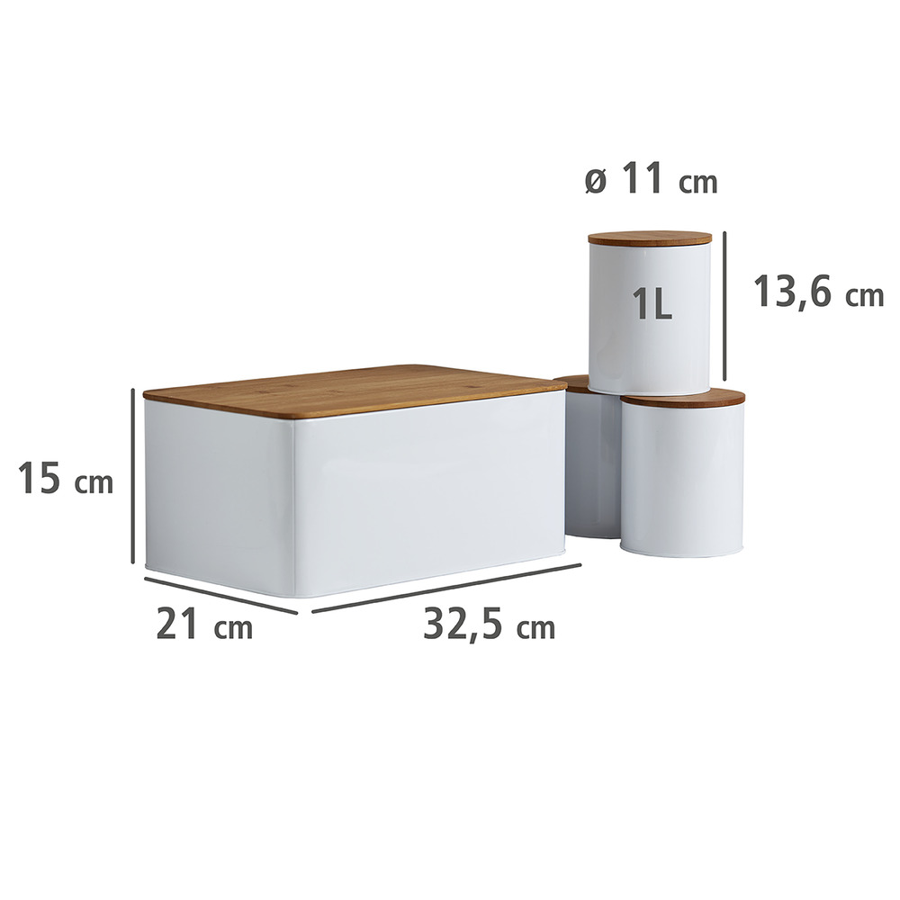 Lot de 4 rangements cuisine, boite à pain avec planche à découper et 3 boites de conservation avec couvercle en bambou, blanc, 32x21x5 cm  Blanc, avec couvercle en bambou