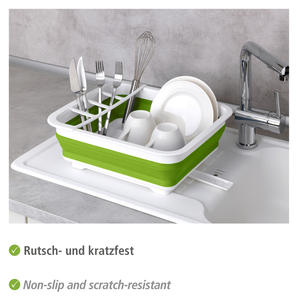 Égouttoir à vaisselle pliable blanc/vert  avec porte-couverts et support d'assiettes