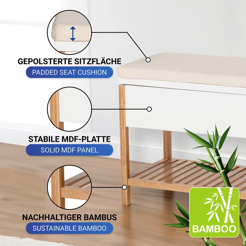 Banc d'entree avec rangement Finja, meuble chaussure entrée - banc coffre rangement chaussures,   en bambou/MDF