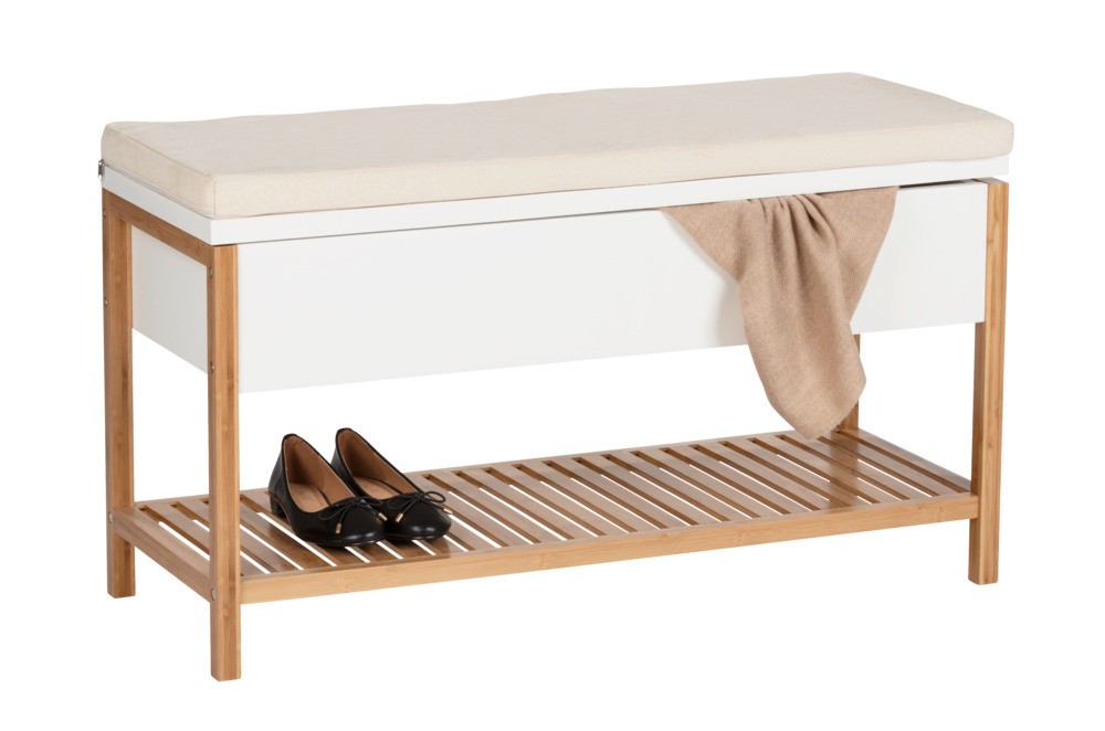 Banc d'entree avec rangement Finja, meuble chaussure entrée - banc coffre rangement chaussures,   en bambou/MDF