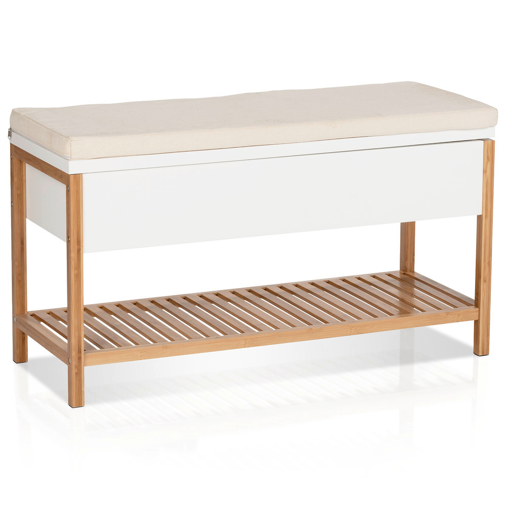 Banc d'entree avec rangement Finja, meuble chaussure entrée - banc coffre rangement chaussures,   en bambou/MDF