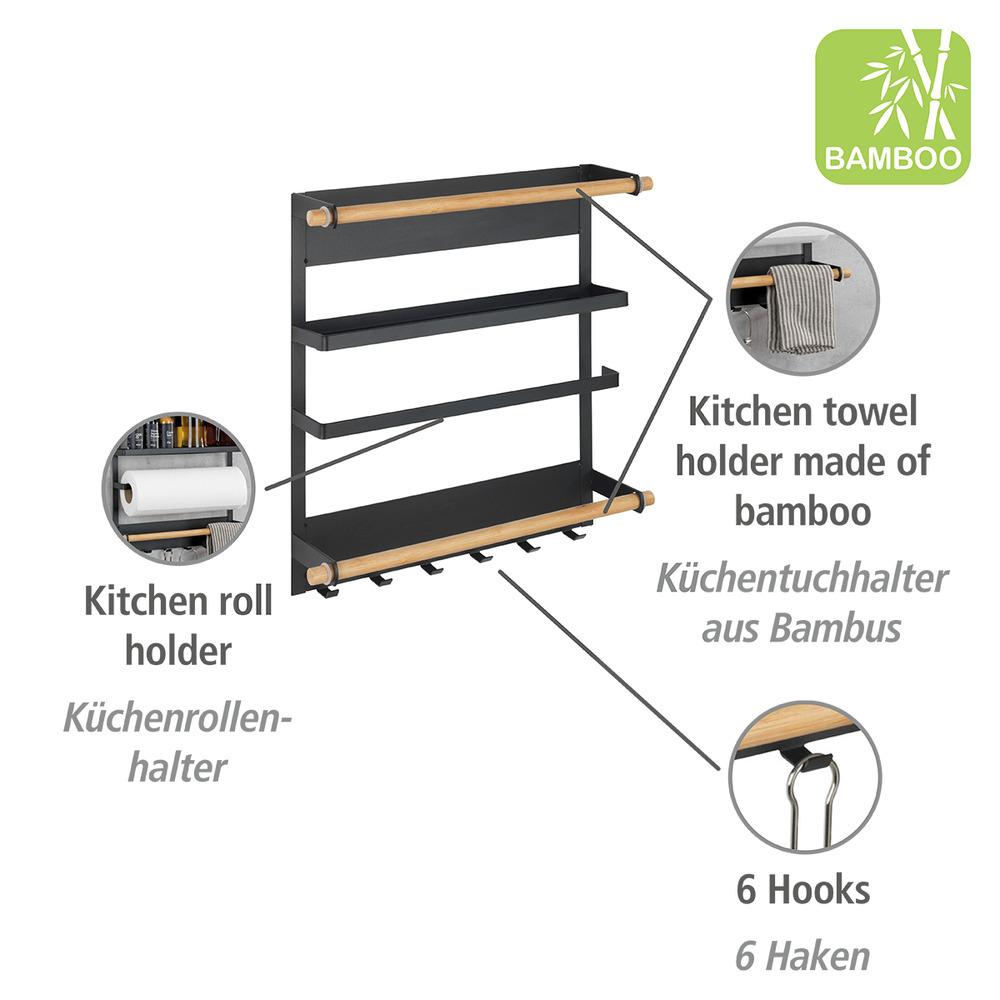 Etagère magnétique frigo, réfrégirateur, avec étagère porte épice, dérouleur sopalin magnétique et crochets suspension ustensiles de cuisine, Magna, noir  Fixation magnétique sans perçage