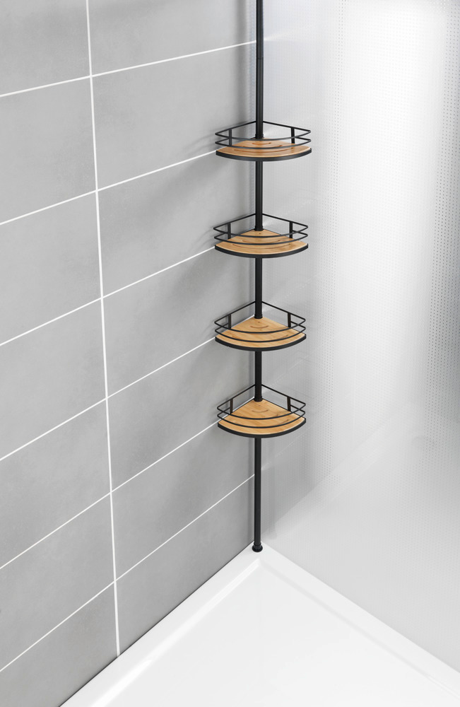 Etagère d'angle de douche, étagère salle de bain telescopique, acier noir et étagère en bois bambou, Dolcedo  inoxydable, étagère de douche